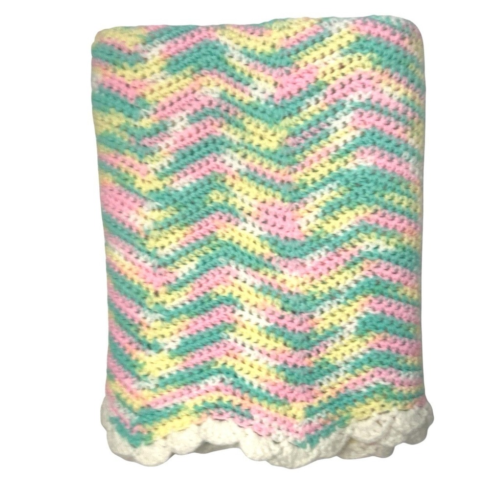 Handmade Chevron Knit Baby Blanket Pink Mint Yellow Scalloped Grannycore Cottage